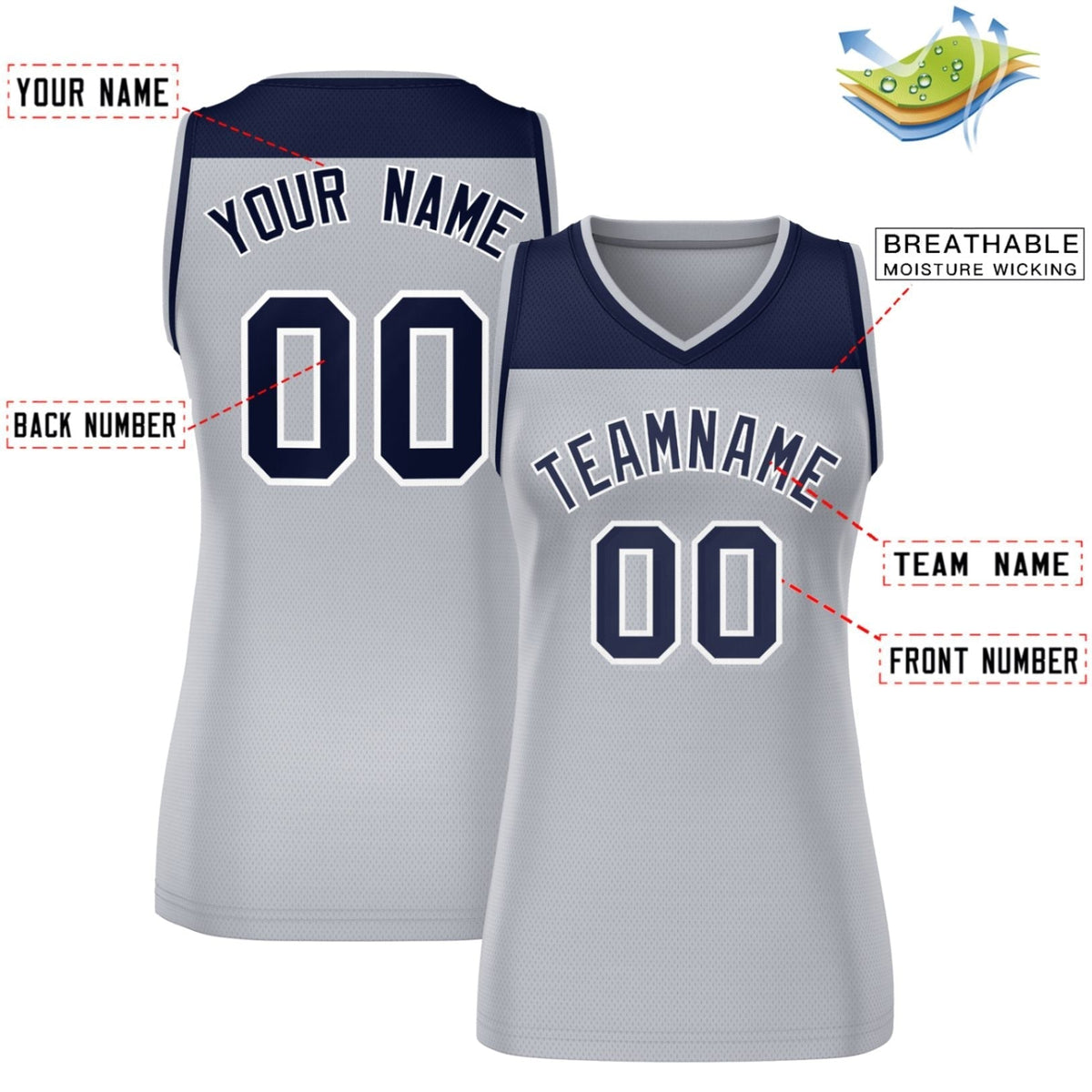 Custom Navy Gray Color Block Fashion Tops Mesh Netball Dress For Women
