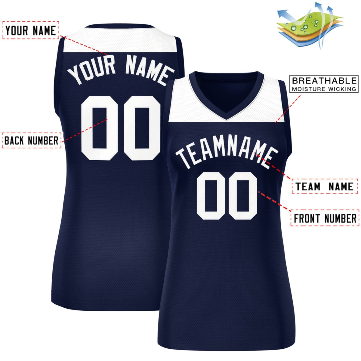 Custom White Navy Color Block Fashion Tops Mesh Netball Dress For Women