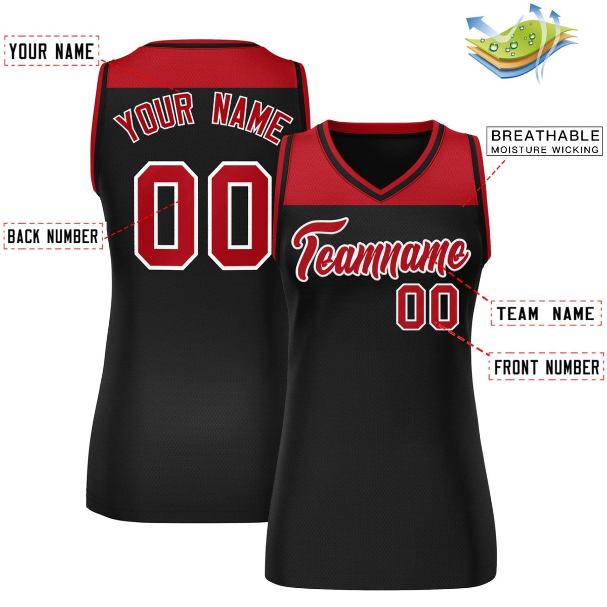 Custom Red Black Color Block Fashion Tops Mesh Netball Dress For Women