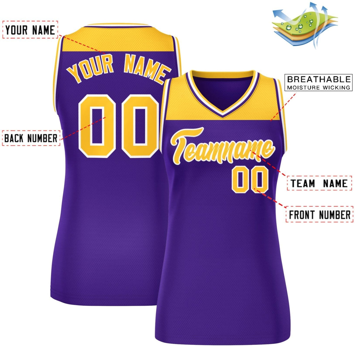 Custom Gold Purple Color Block Fashion Tops Mesh Netball Dress For Women