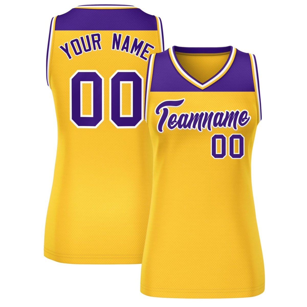 Custom Purple Gold Color Block Fashion Tops Mesh Netball Dress For Women