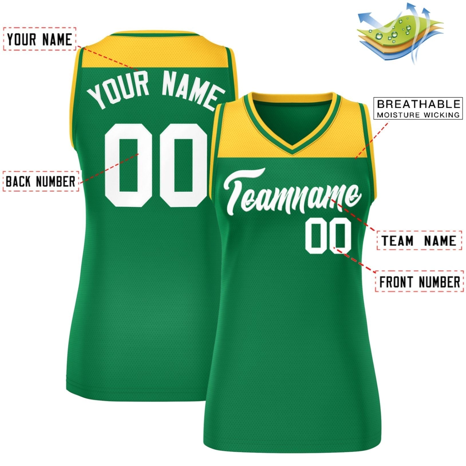 Custom Gold Kelly Green Color Block Fashion Tops Mesh Netball Dress For Women