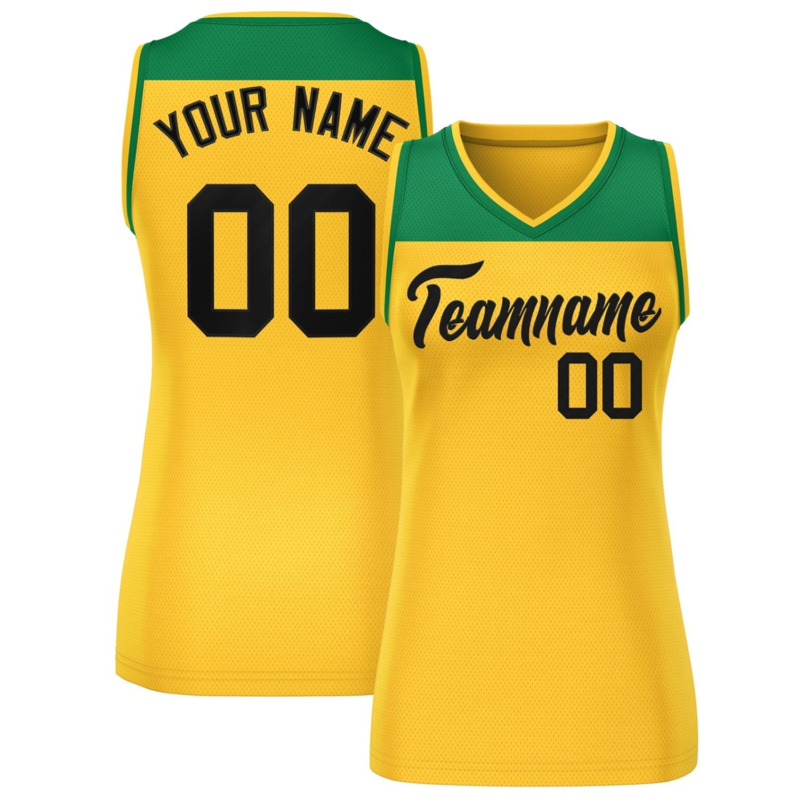 Custom Kelly Green Gold Color Block Fashion Tops Mesh Netball Dress For Women