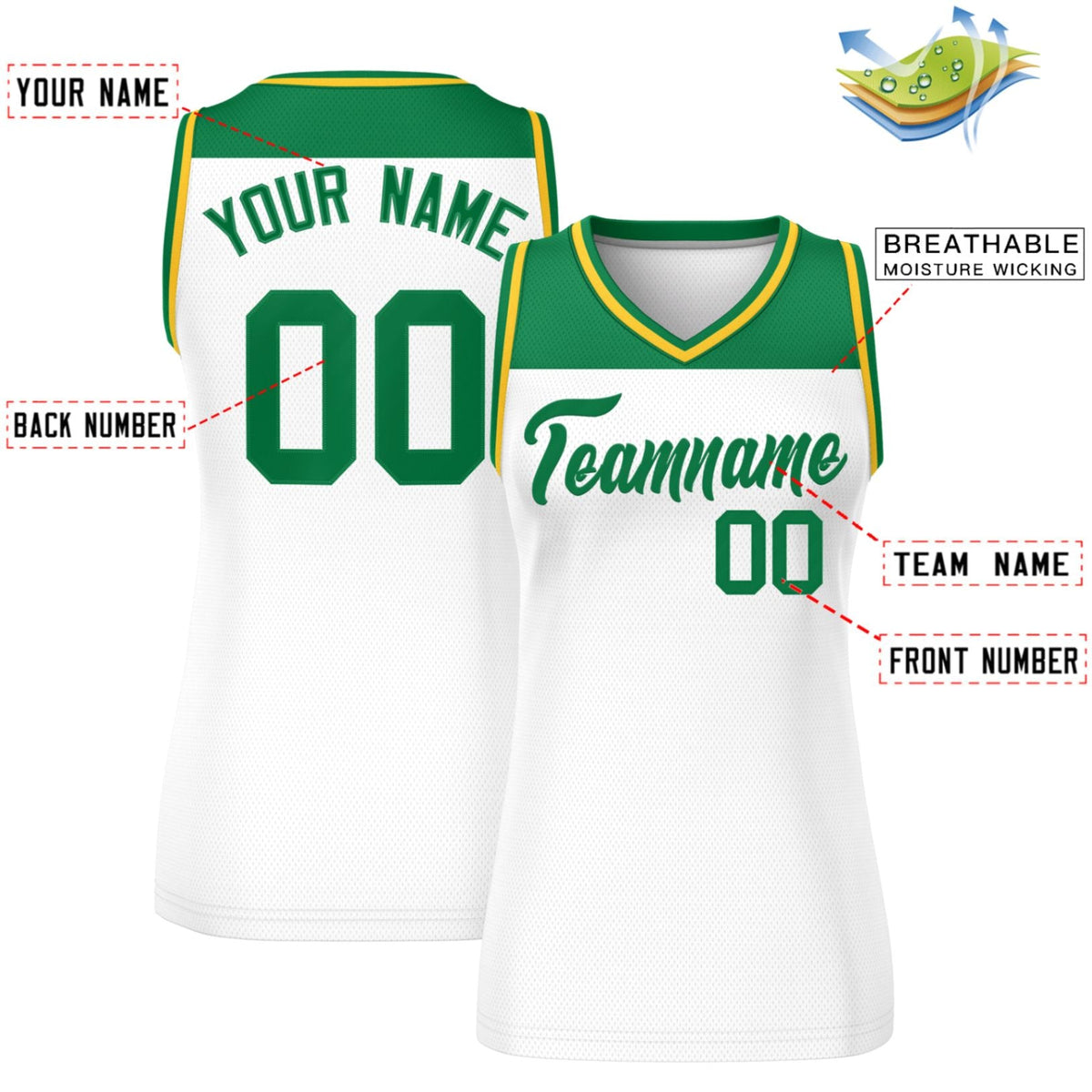 Custom Kelly Green White Color Block Fashion Tops Mesh Netball Dress For Women