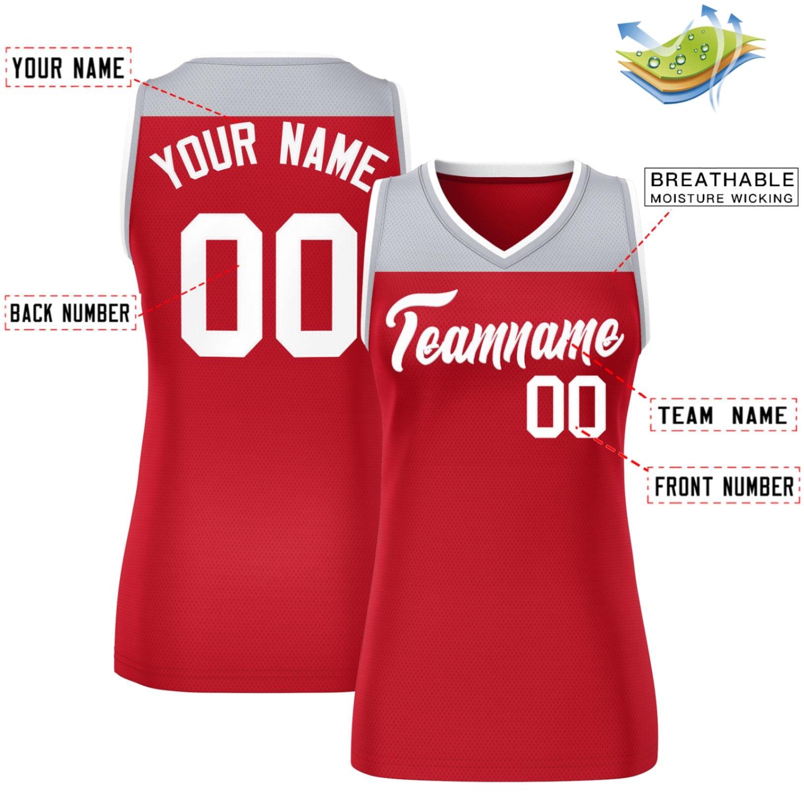 Custom Gray Red Color Block Fashion Tops Mesh Netball Dress For Women