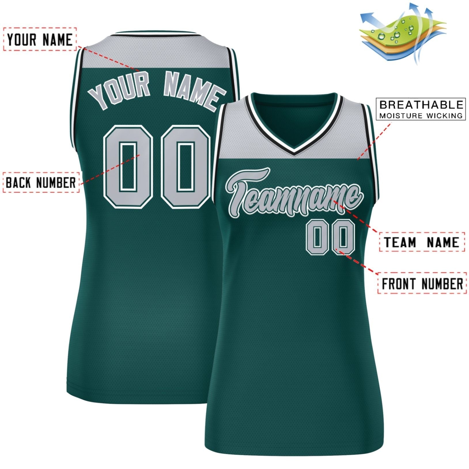 Custom Gray Midnight Green Color Block Fashion Tops Mesh Netball Dress For Women