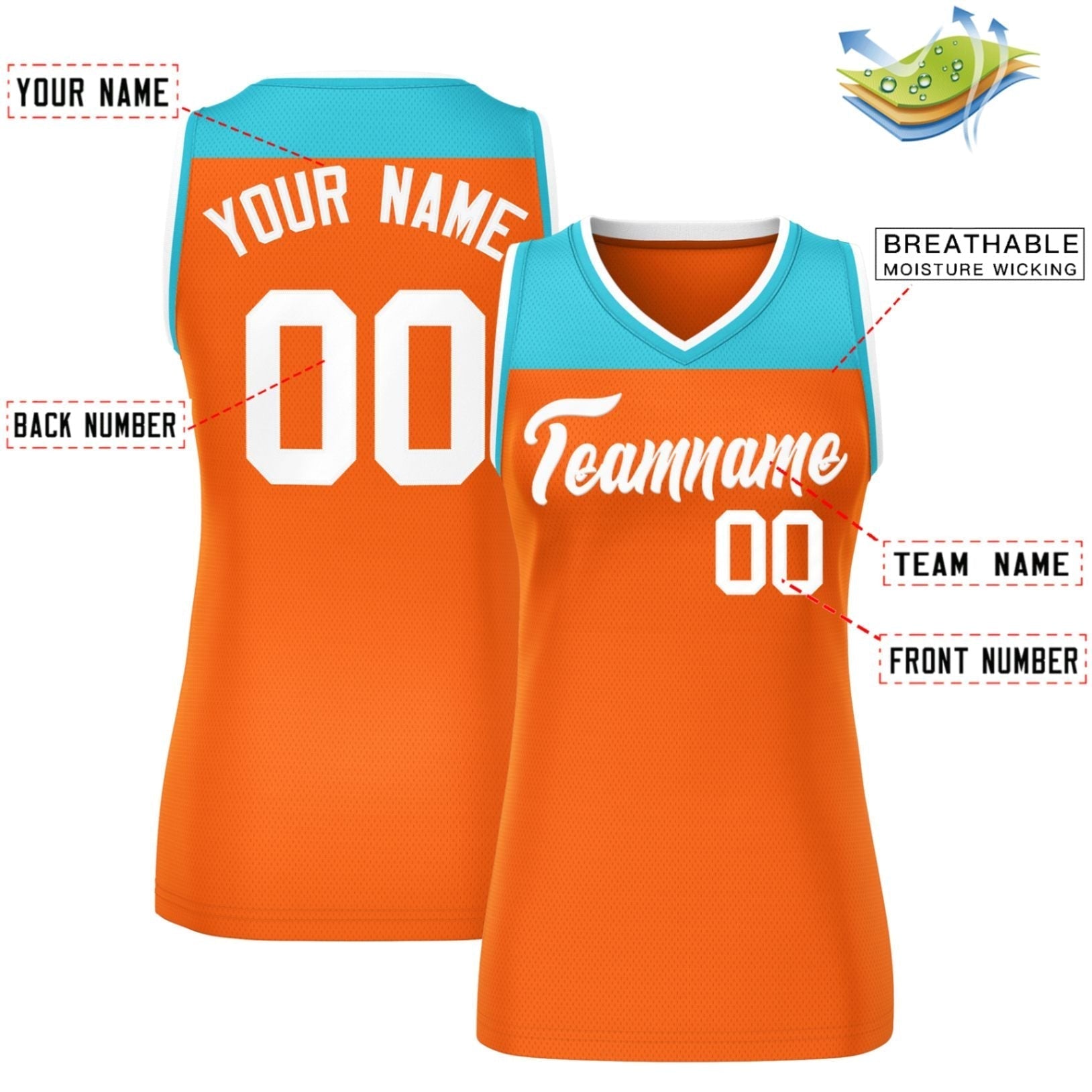 Custom Aqua Orange Color Block Fashion Tops Mesh Netball Dress For Women