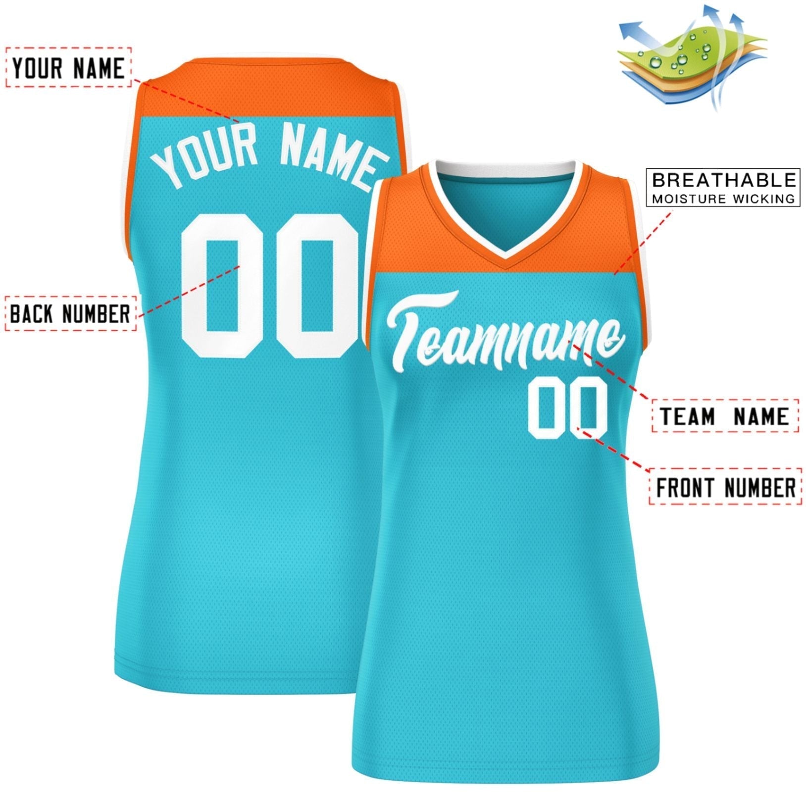 Custom Orange Aqua Color Block Fashion Tops Mesh Netball Dress For Women