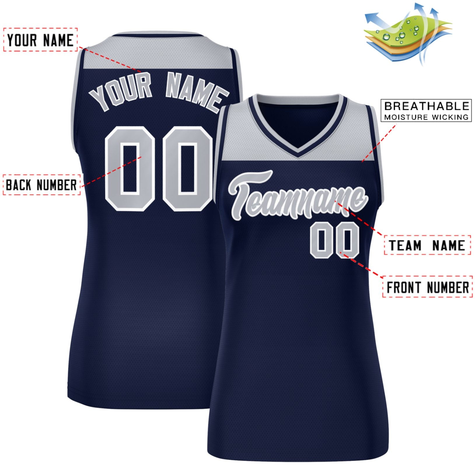 Custom Gray Navy Color Block Fashion Tops Mesh Netball Dress For Women