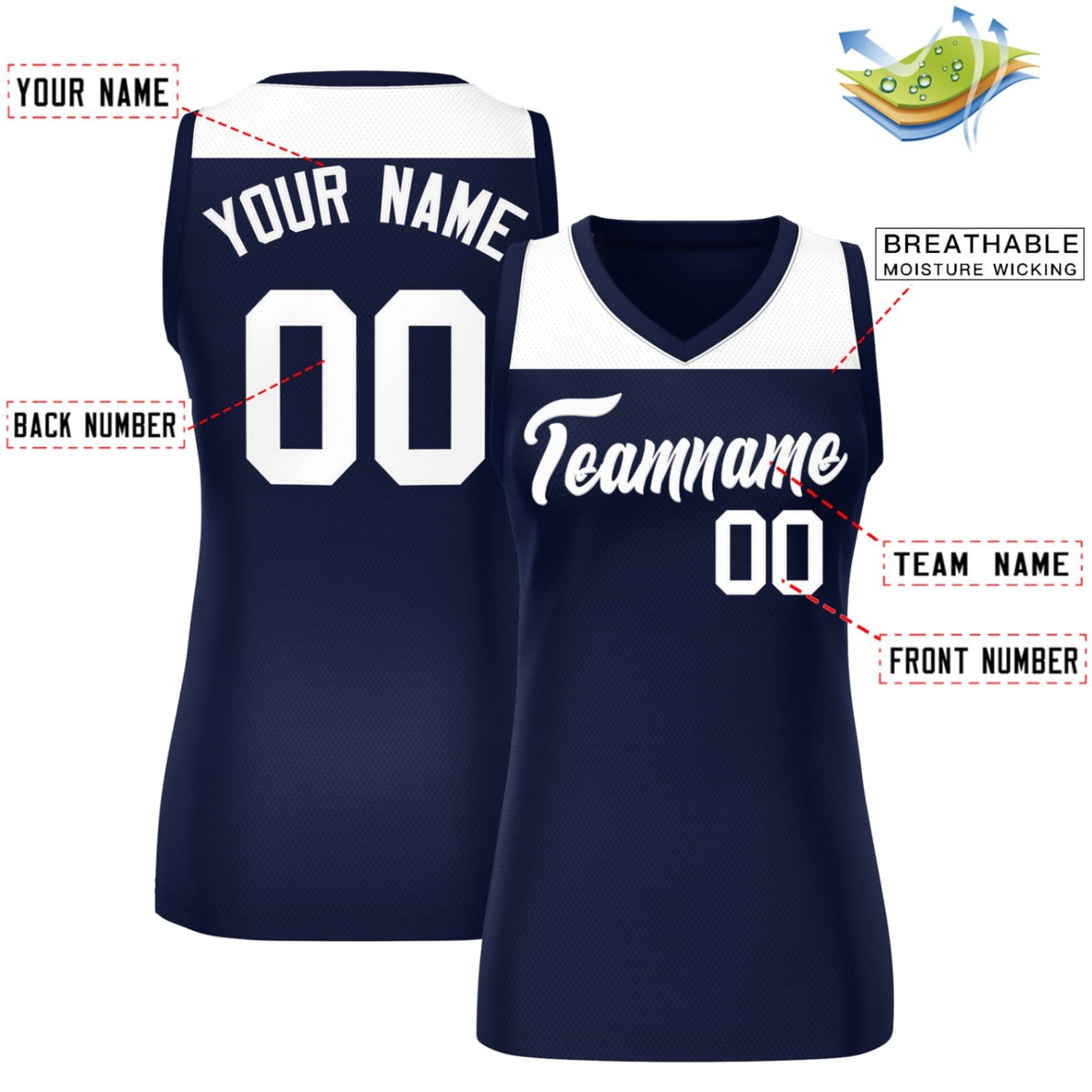 Custom White Navy Color Block Fashion Tops Mesh Netball Dress For Women
