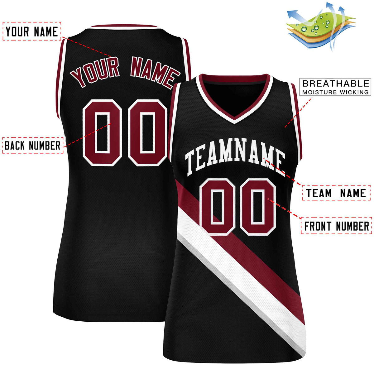 Custom Black Crimson-White Thick Slash Fashion Tops Mesh Netball Dress For Women