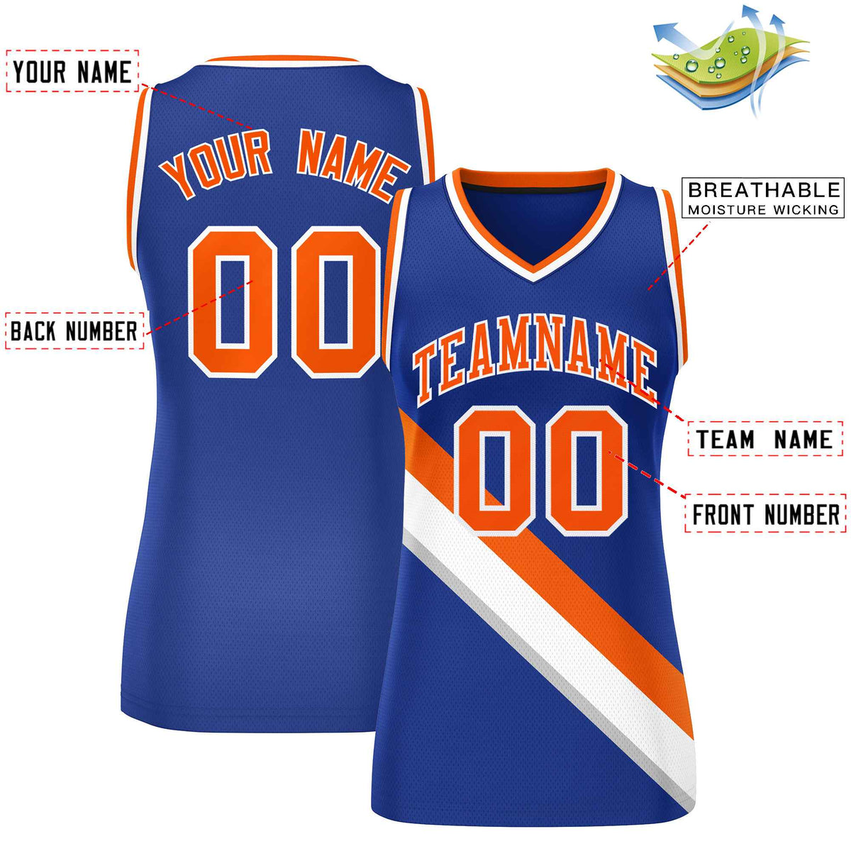 Custom Royal White-Orange Thick Slash Fashion Tops Mesh Netball Dress For Women