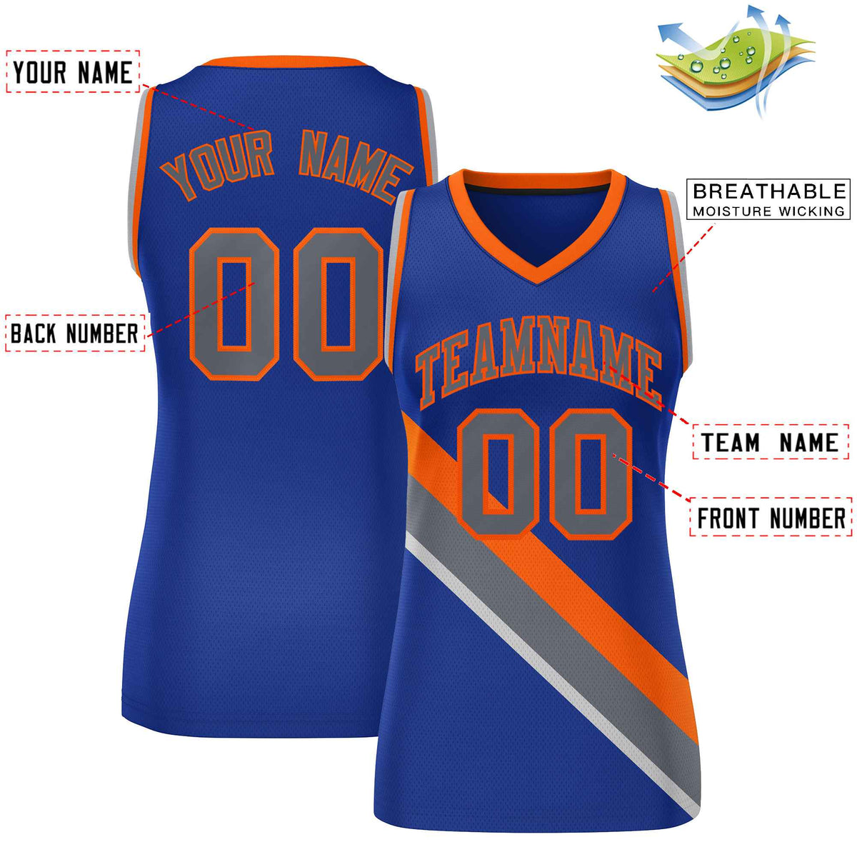 Custom Royal Orange-Dark Gray Thick Slash Fashion Tops Mesh Netball Dress For Women