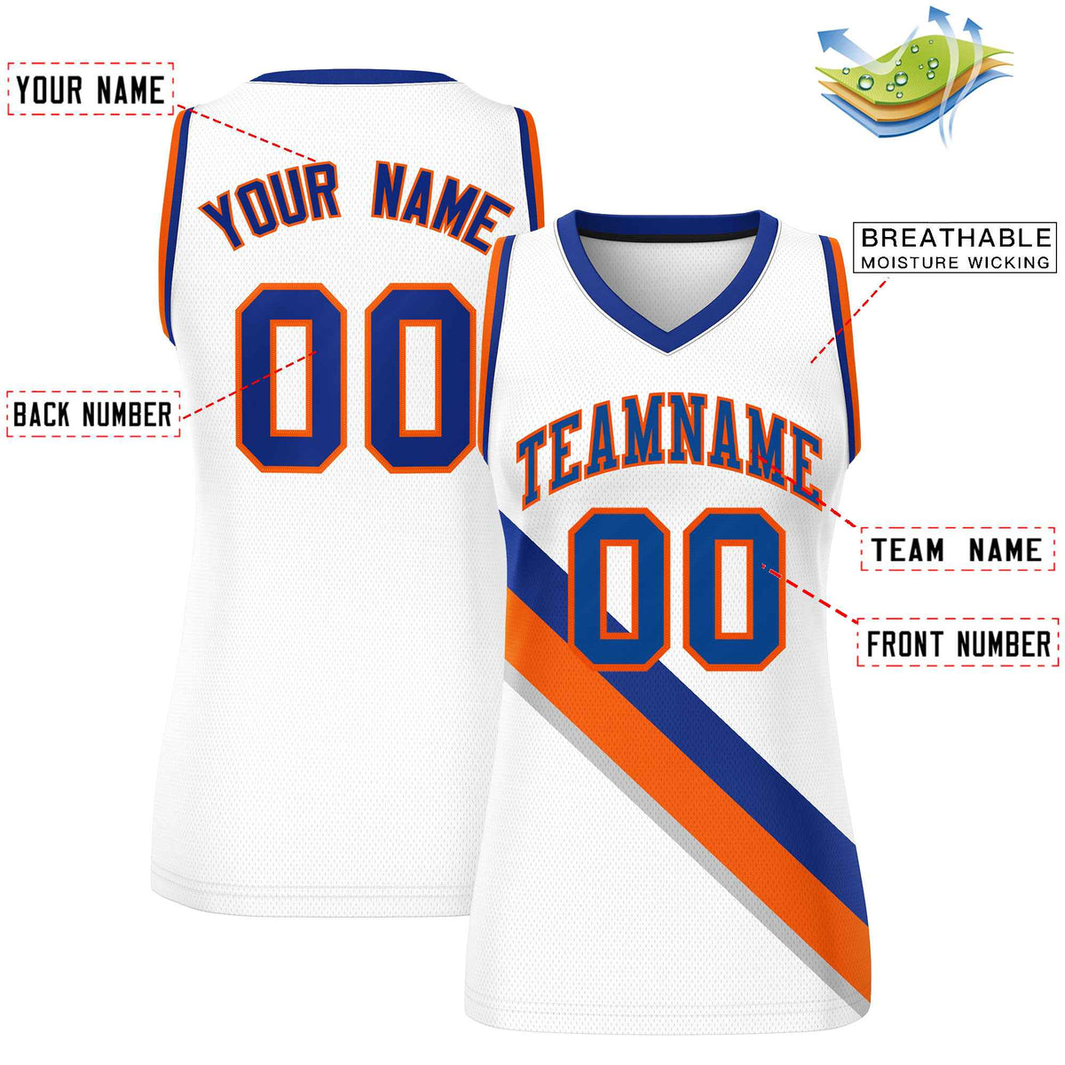 Custom White Royal-Orange Thick Slash Fashion Tops Mesh Netball Dress For Women