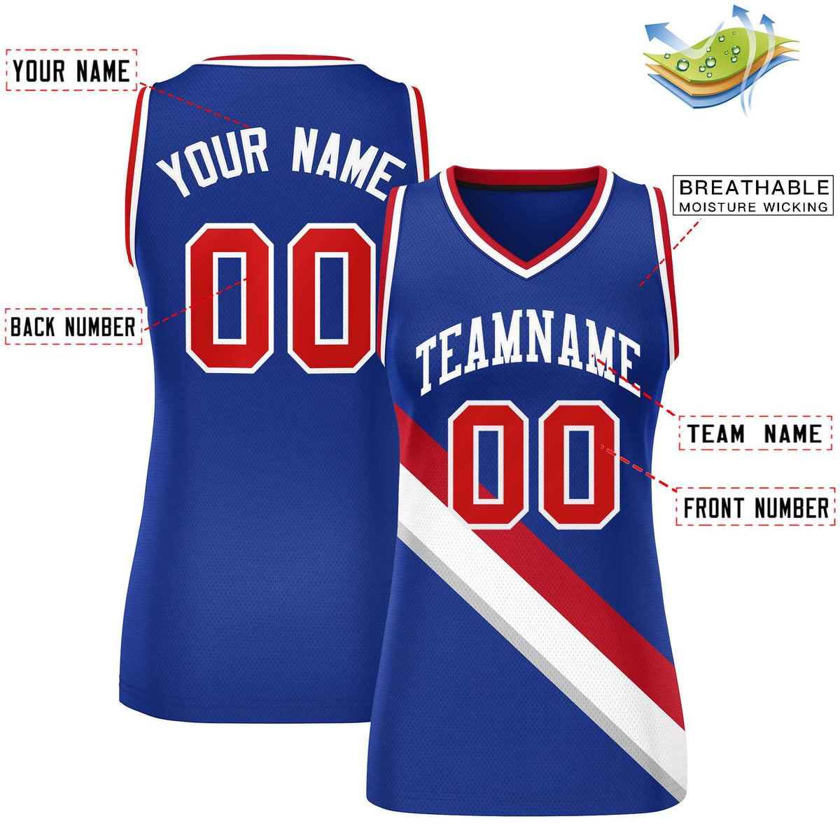 Custom Royal White-Red Thick Slash Fashion Tops Mesh Netball Dress For Women