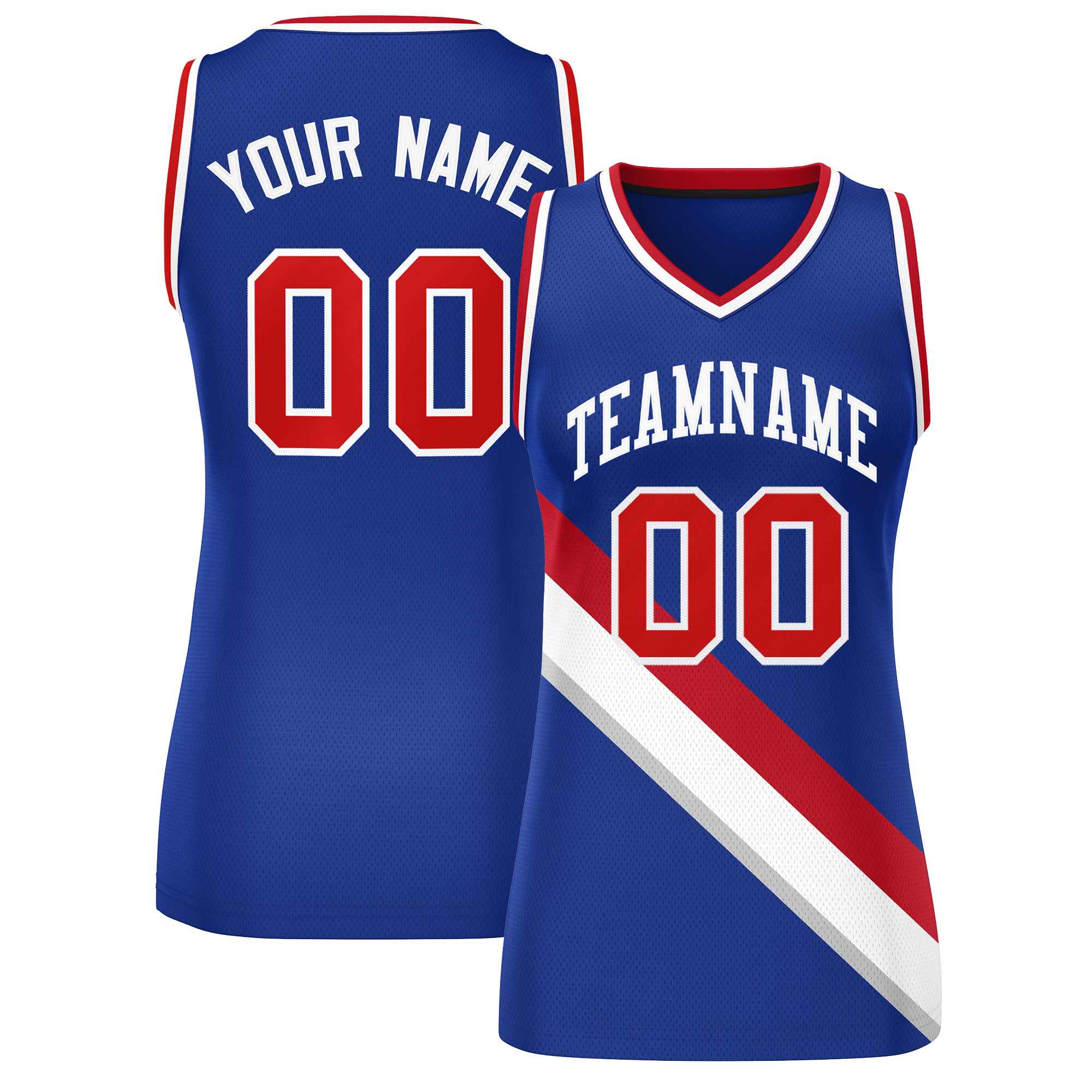 Custom Royal White-Red Thick Slash Fashion Tops Mesh Netball Dress For Women