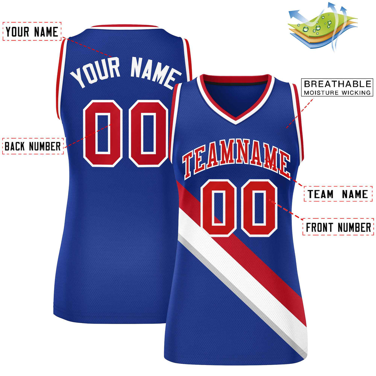 Custom Royal White-Red Thick Slash Fashion Tops Mesh Netball Dress For Women