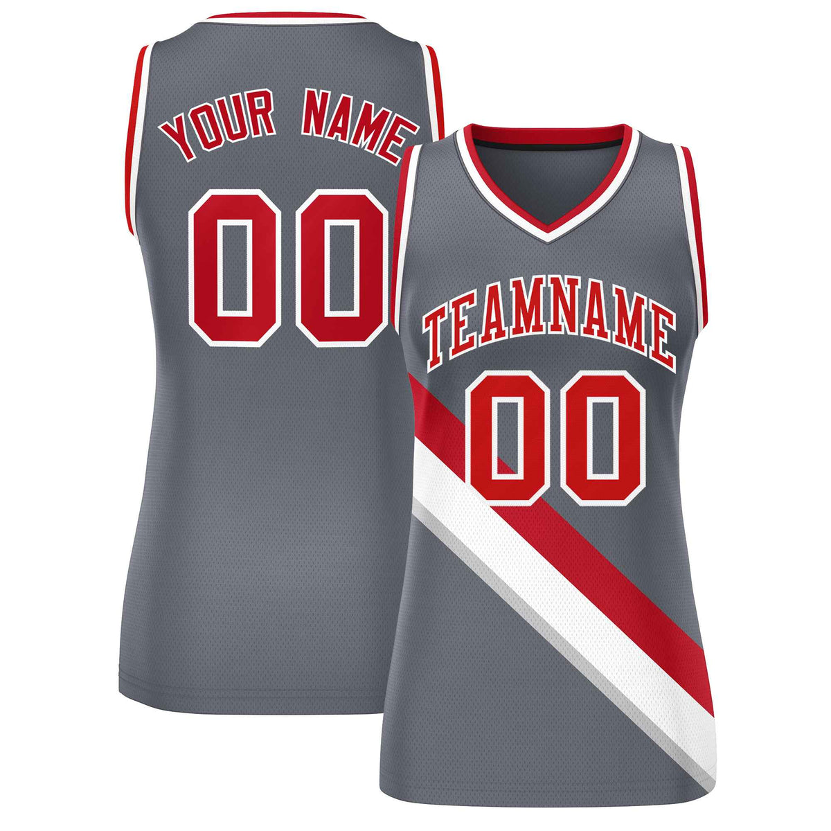 Custom Dark Gray White-Red Thick Slash Fashion Tops Mesh Netball Dress For Women