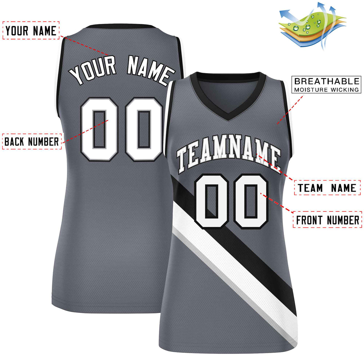 Custom Dark Gray Black-White Thick Slash Fashion Tops Mesh Netball Dress For Women