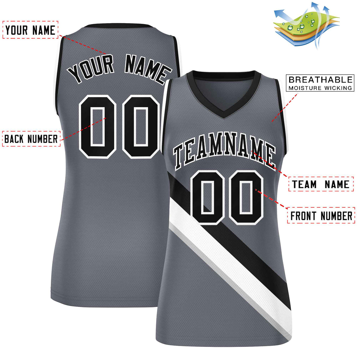 Custom Dark Gray Black-White Thick Slash Fashion Tops Mesh Netball Dress For Women