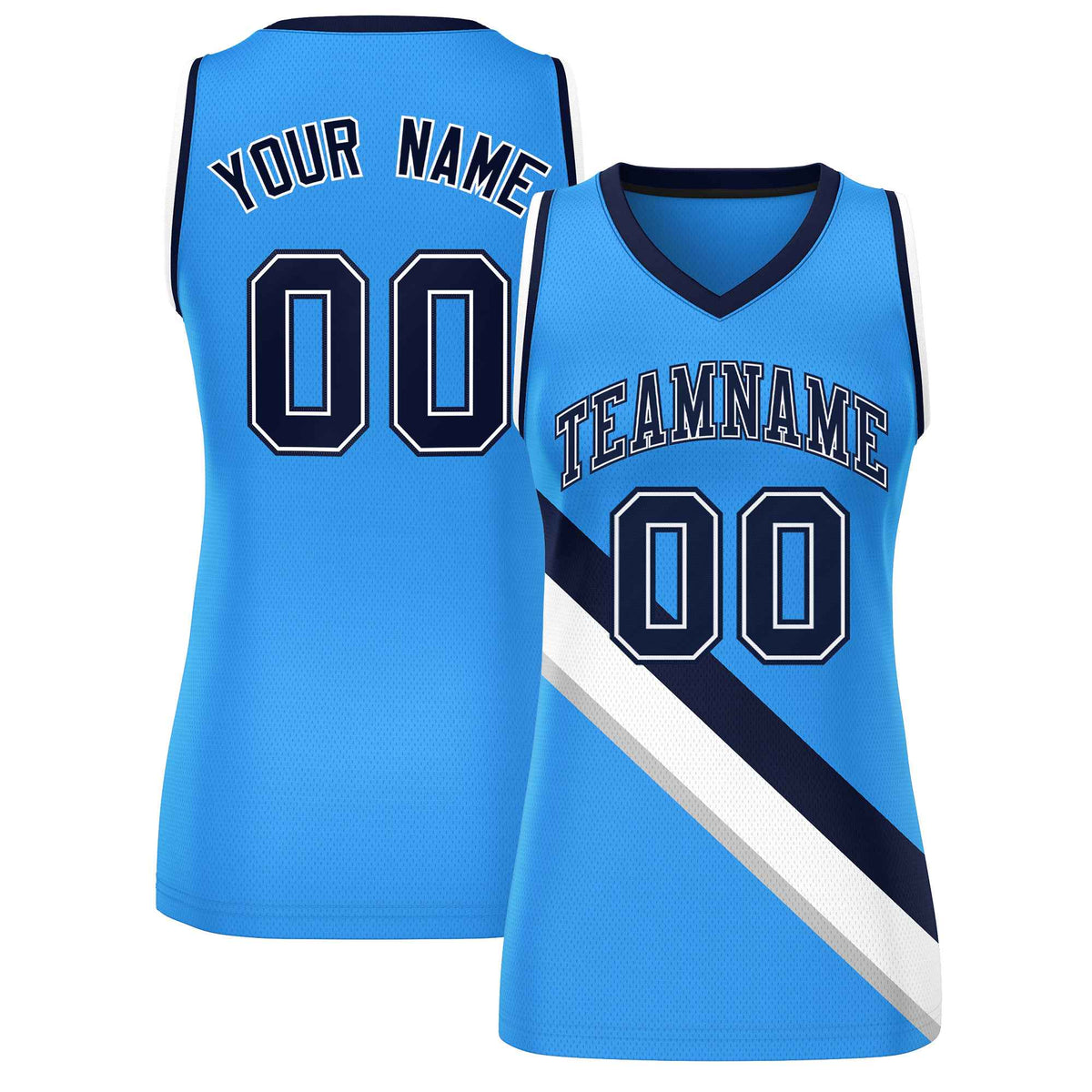 Custom Powder Blue Navy-White Thick Slash Fashion Tops Mesh Netball Dress For Women