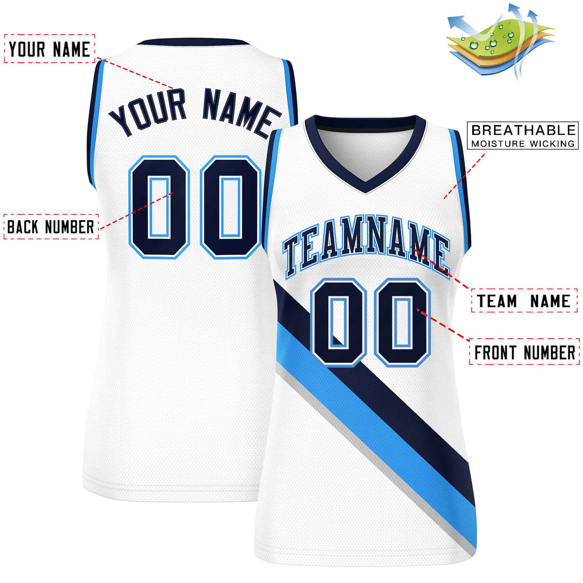 Custom White Powder Blue-Navy Thick Slash Fashion Tops Mesh Netball Dress For Women