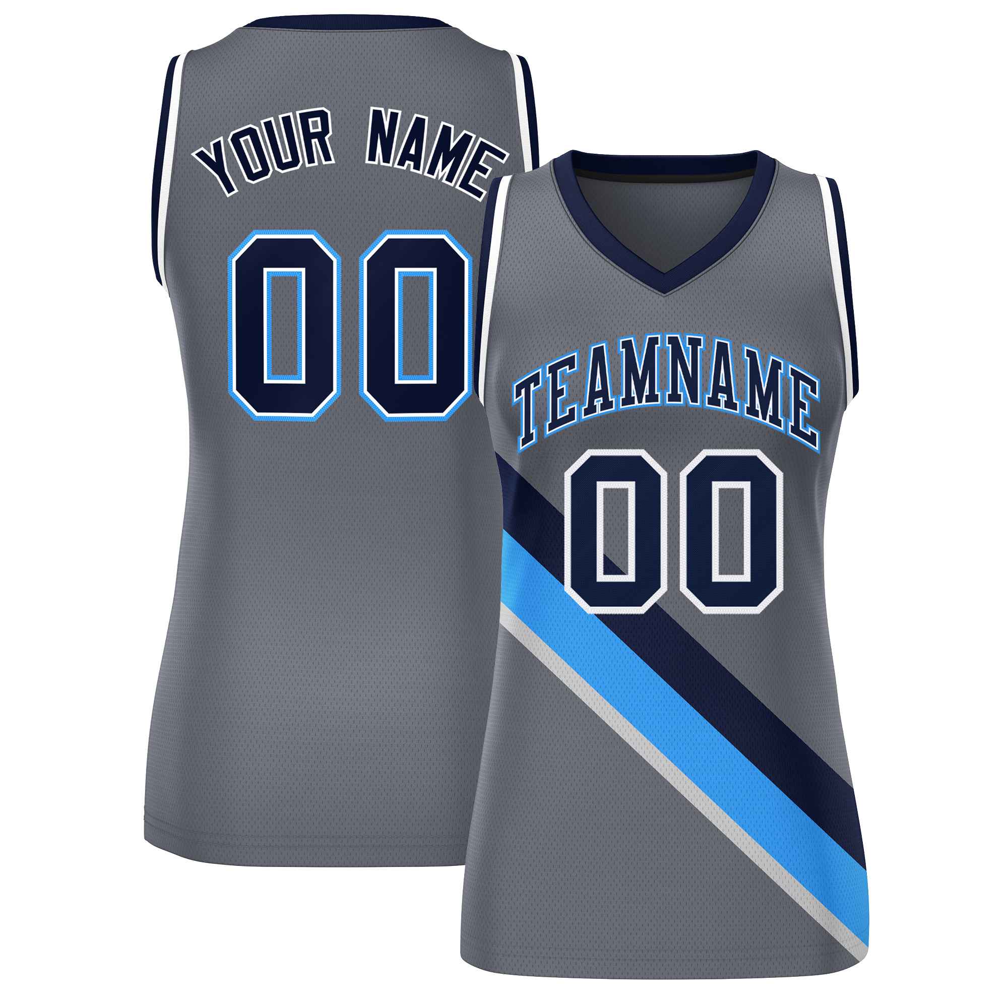 Custom Dark Gray White-Navy Thick Slash Fashion Tops Mesh Netball Dress For Women
