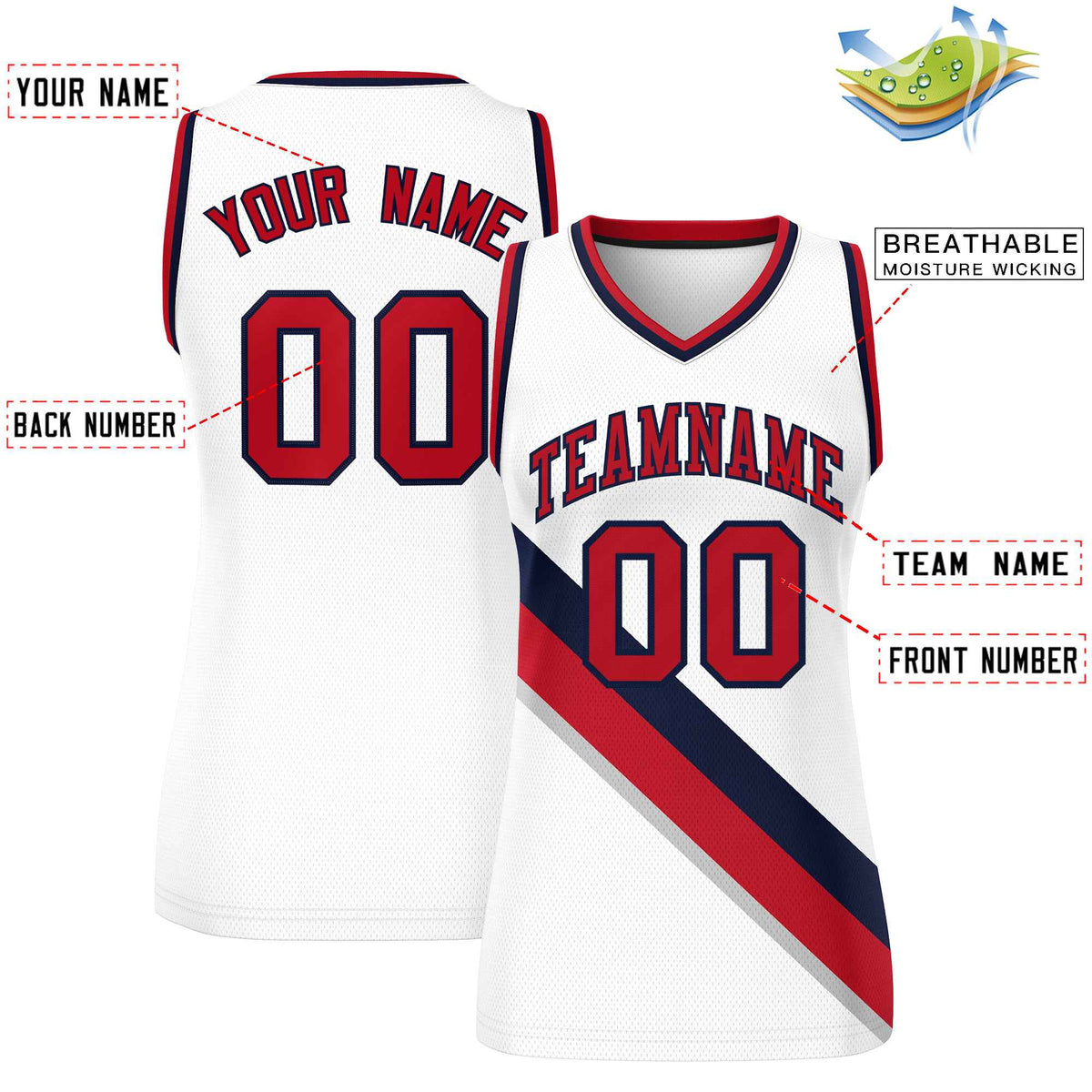 Custom White Navy-Red Thick Slash Fashion Tops Mesh Netball Dress For Women