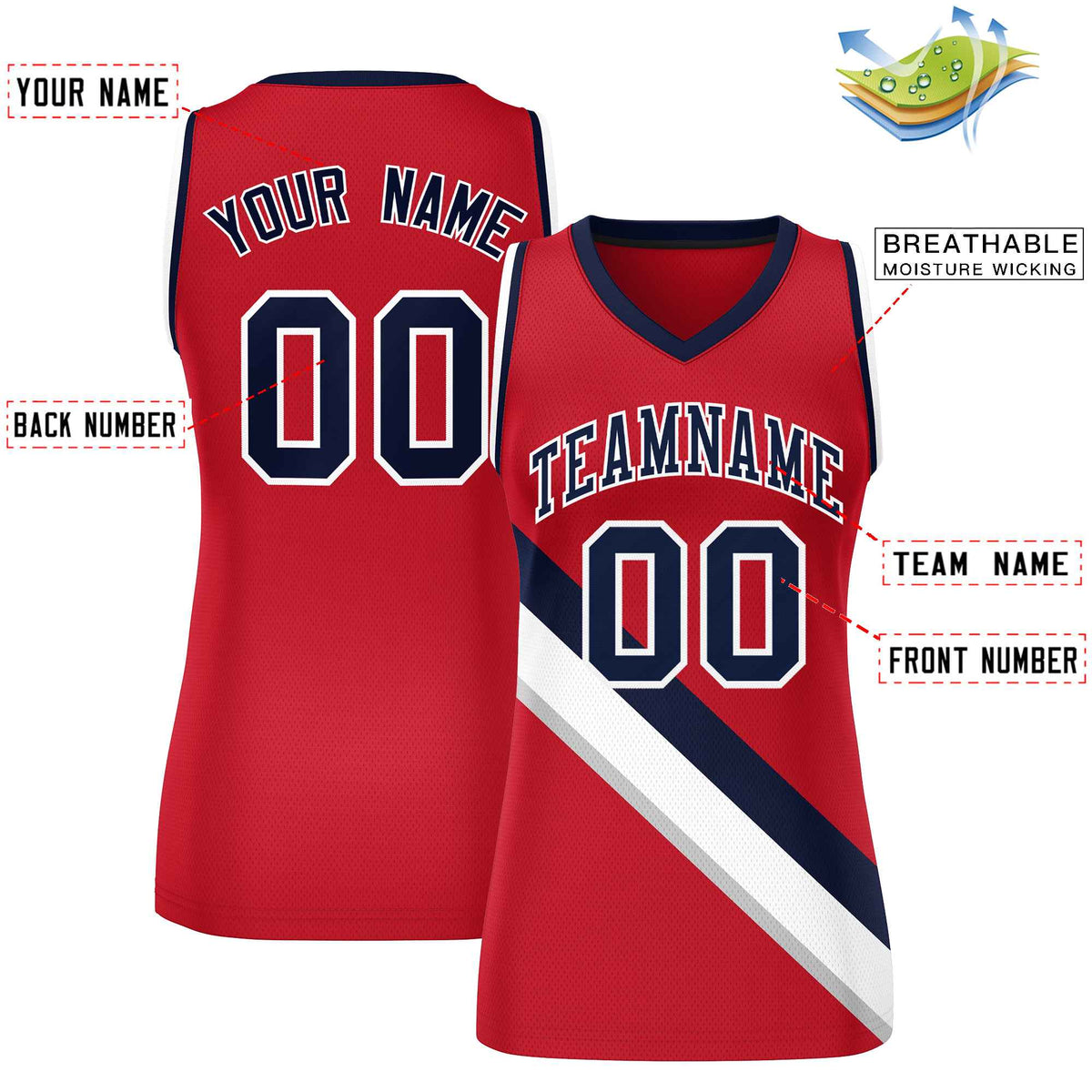 Custom Red Navy-White Thick Slash Fashion Tops Mesh Netball Dress For Women