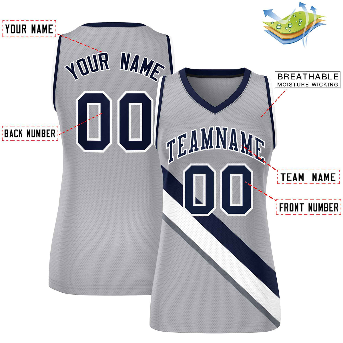 Custom Light Gray Navy-White Thick Slash Fashion Tops Mesh Netball Dress For Women