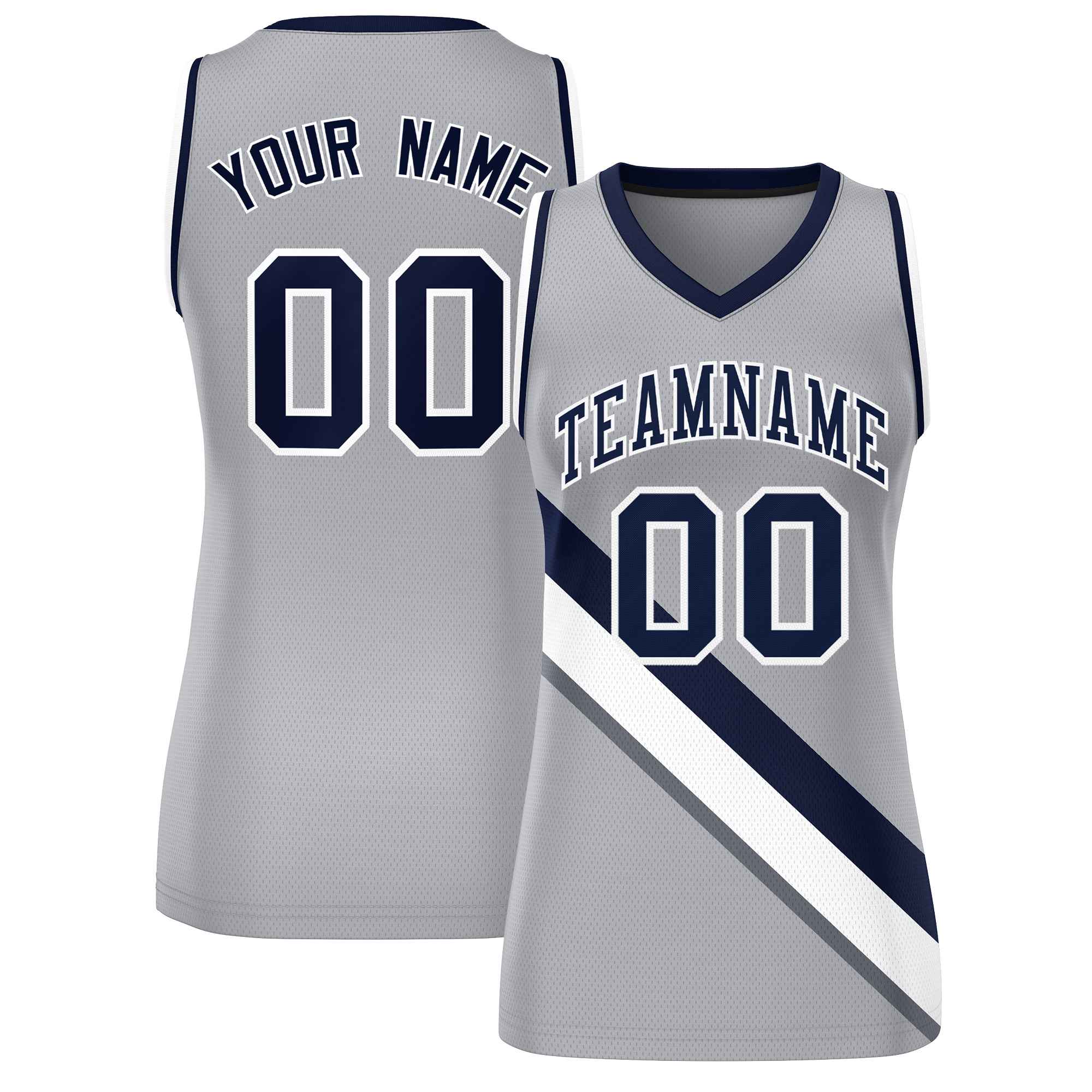 Custom Light Gray Navy-White Thick Slash Fashion Tops Mesh Netball Dress For Women