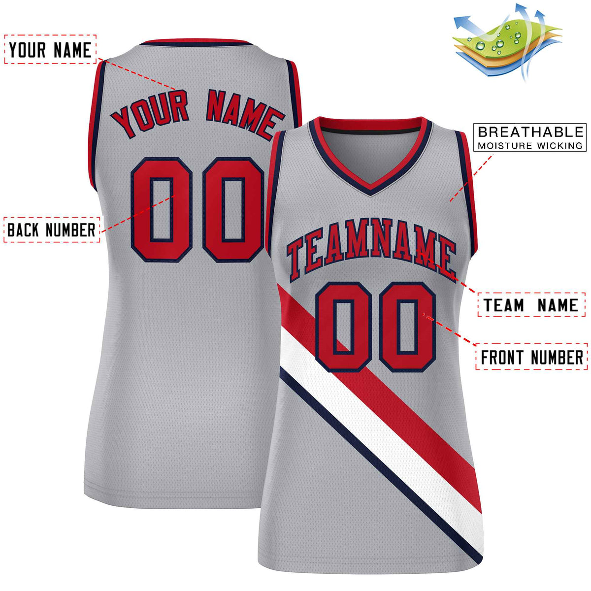 Custom Light Gray Navy-Red Thick Slash Fashion Tops Mesh Netball Dress For Women