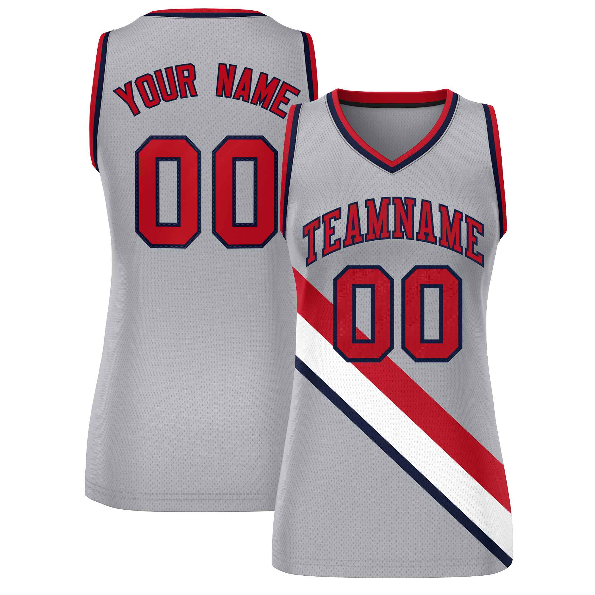 Custom Light Gray Navy-Red Thick Slash Fashion Tops Mesh Netball Dress For Women