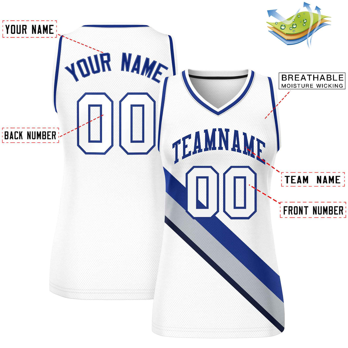 Custom White Navy-White Thick Slash Fashion Tops Mesh Netball Dress For Women