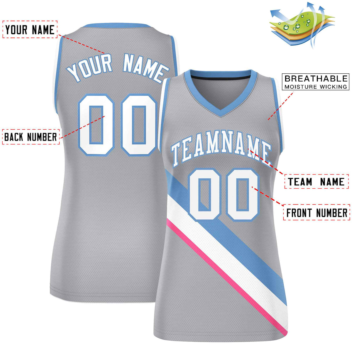Custom Light Gray White-Light Blue Thick Slash Fashion Tops Mesh Netball Dress For Women
