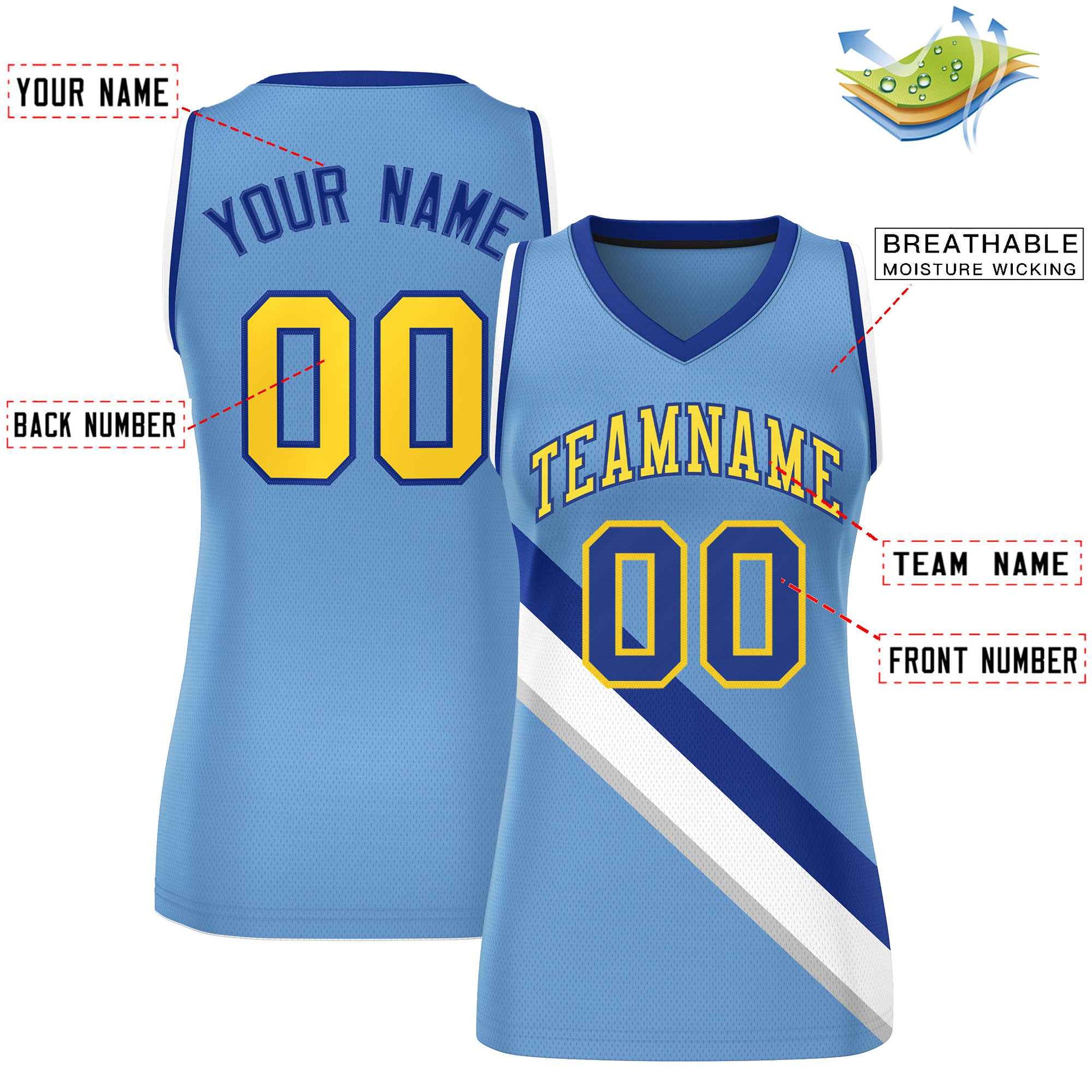 Custom Light Blue White-Royal Thick Slash Fashion Tops Mesh Netball Dress For Women