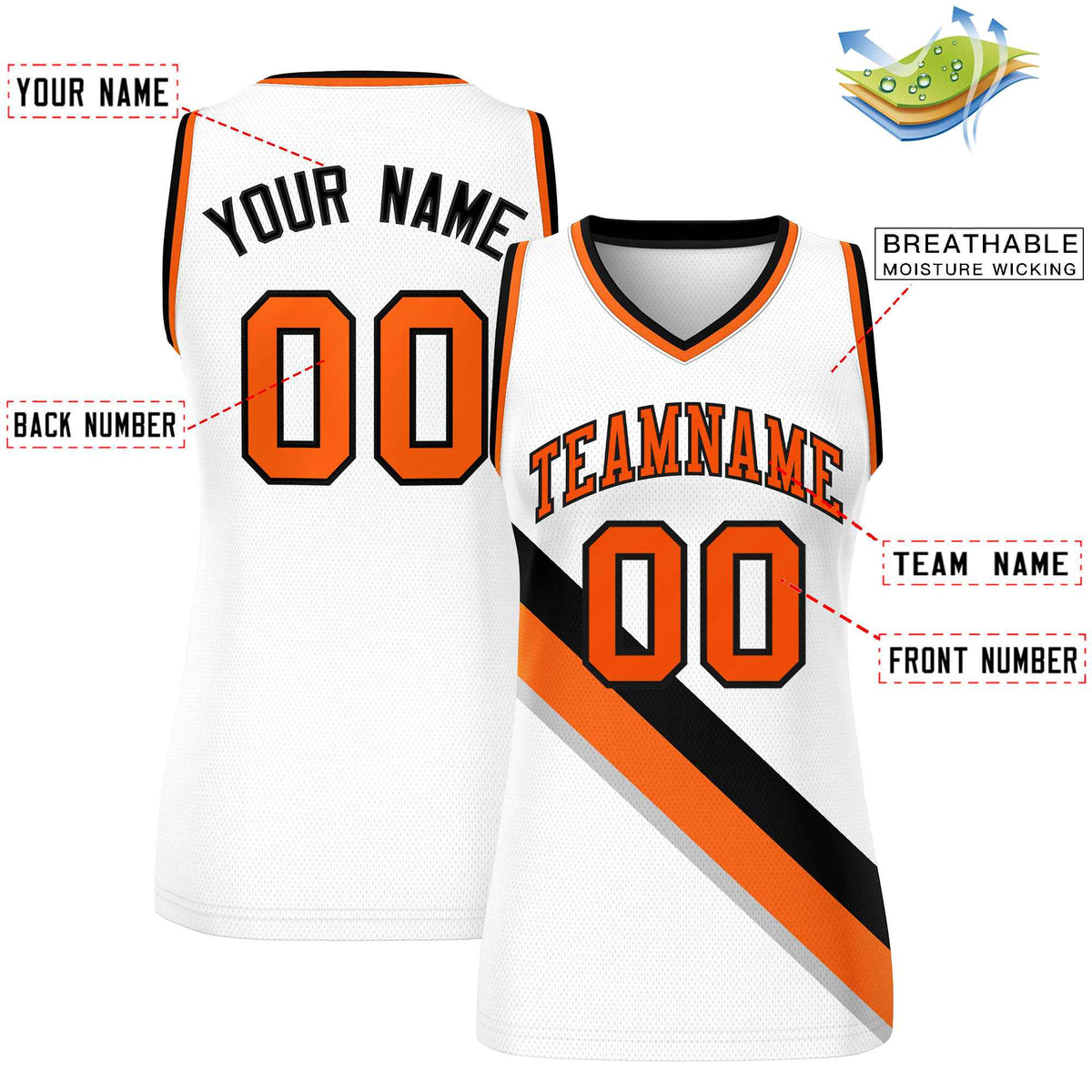 Custom White Orange-Black Thick Slash Fashion Tops Mesh Netball Dress For Women