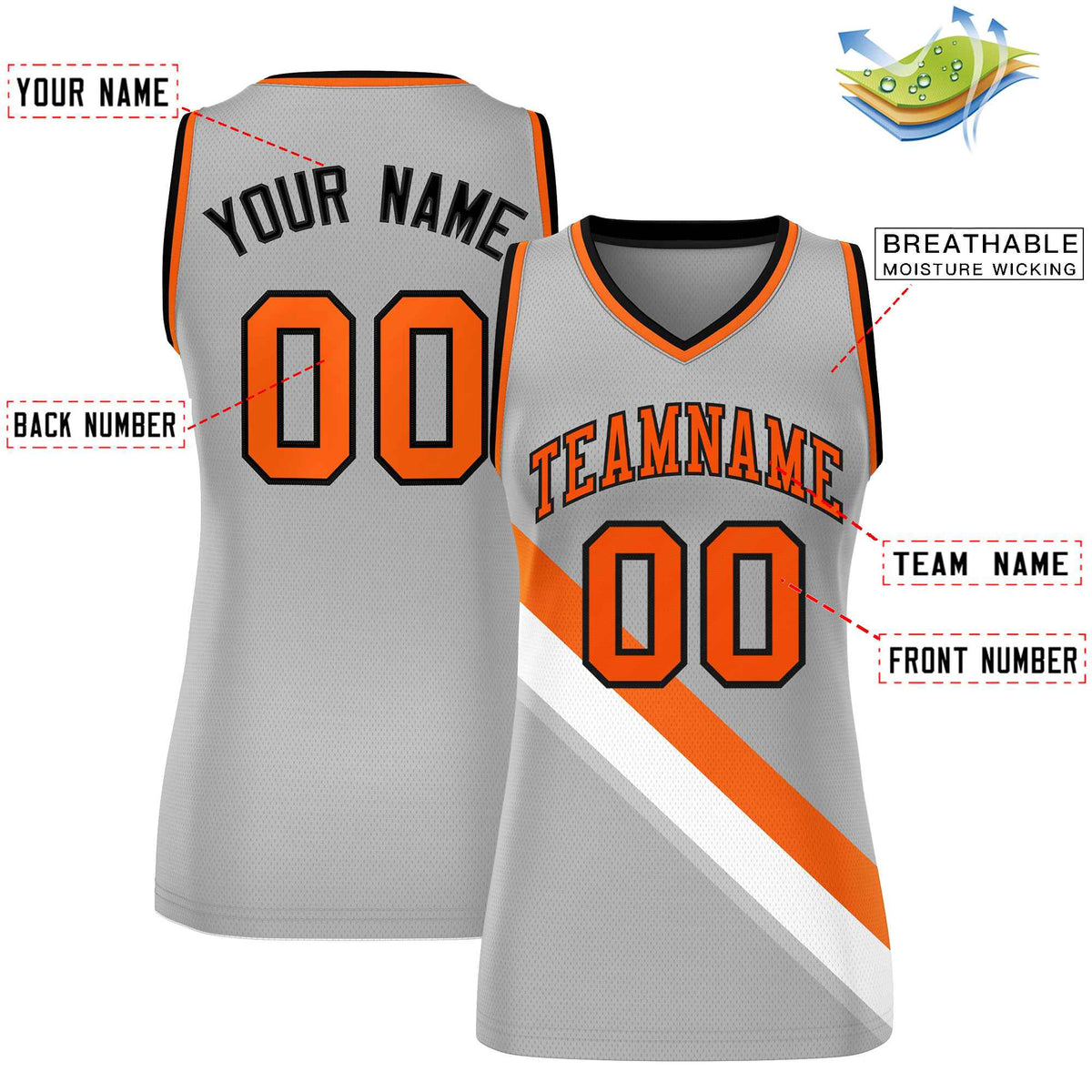 Custom Light Gray Orange-Black Thick Slash Fashion Tops Mesh Netball Dress For Women