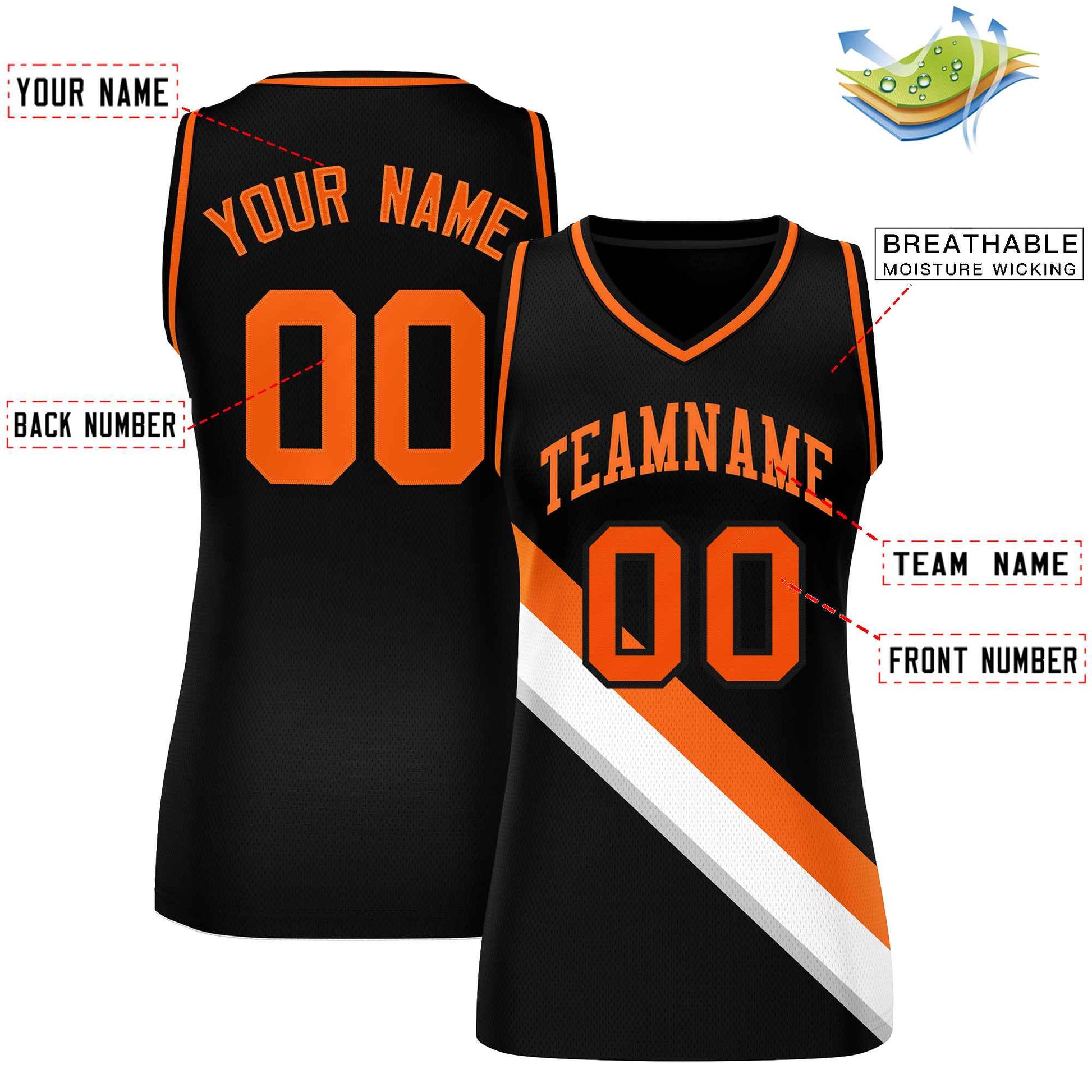 Custom Black Orange-White Thick Slash Fashion Tops Mesh Netball Dress For Women