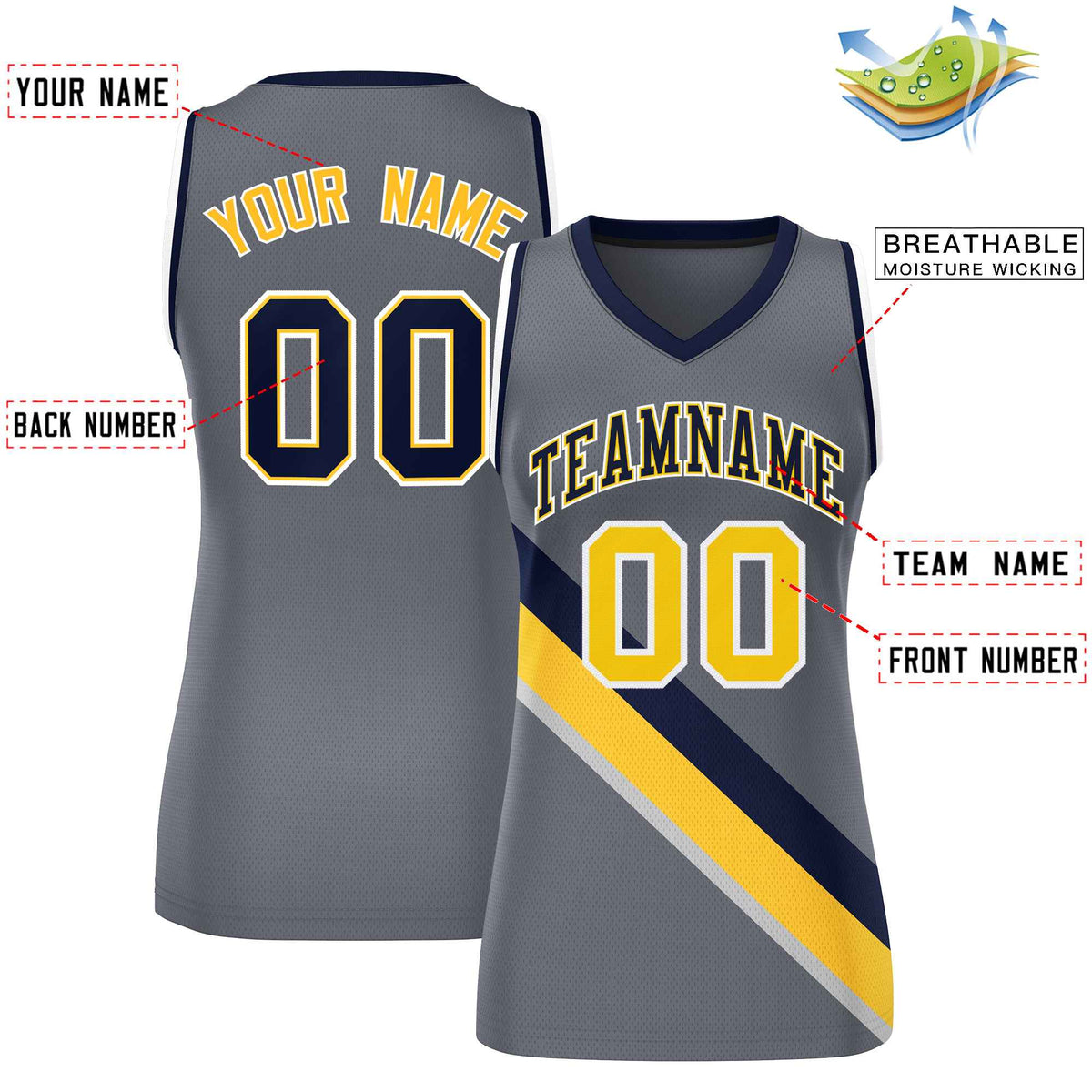 Custom Dark Gray Navy-White Thick Slash Fashion Tops Mesh Netball Dress For Women