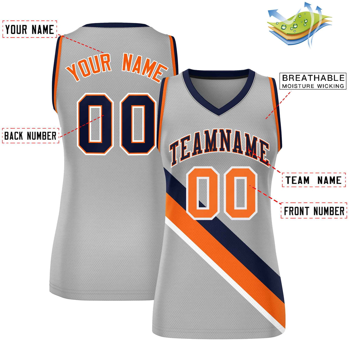Custom Light Gray Orange-Navy Thick Slash Fashion Tops Mesh Netball Dress For Women