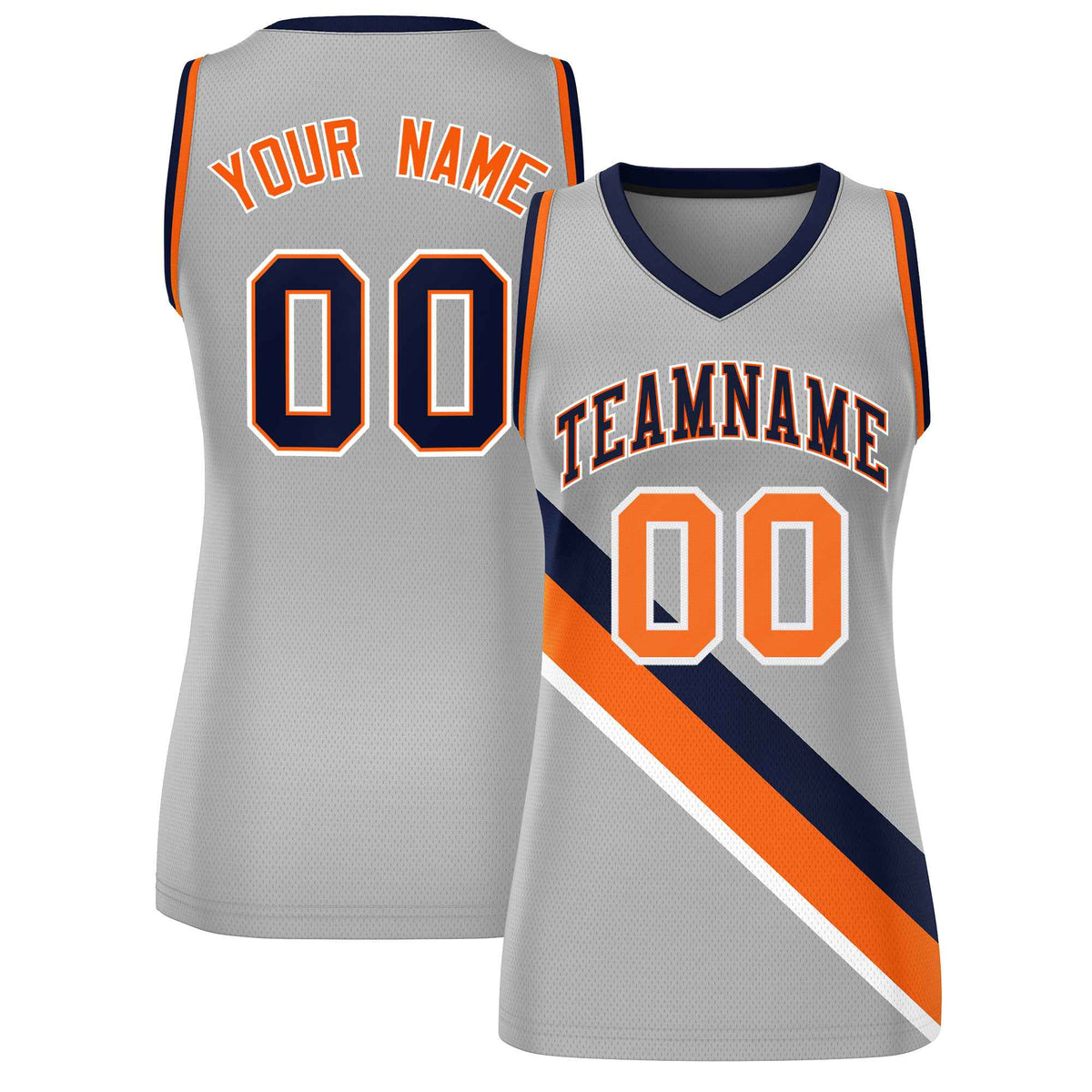 Custom Light Gray Orange-Navy Thick Slash Fashion Tops Mesh Netball Dress For Women