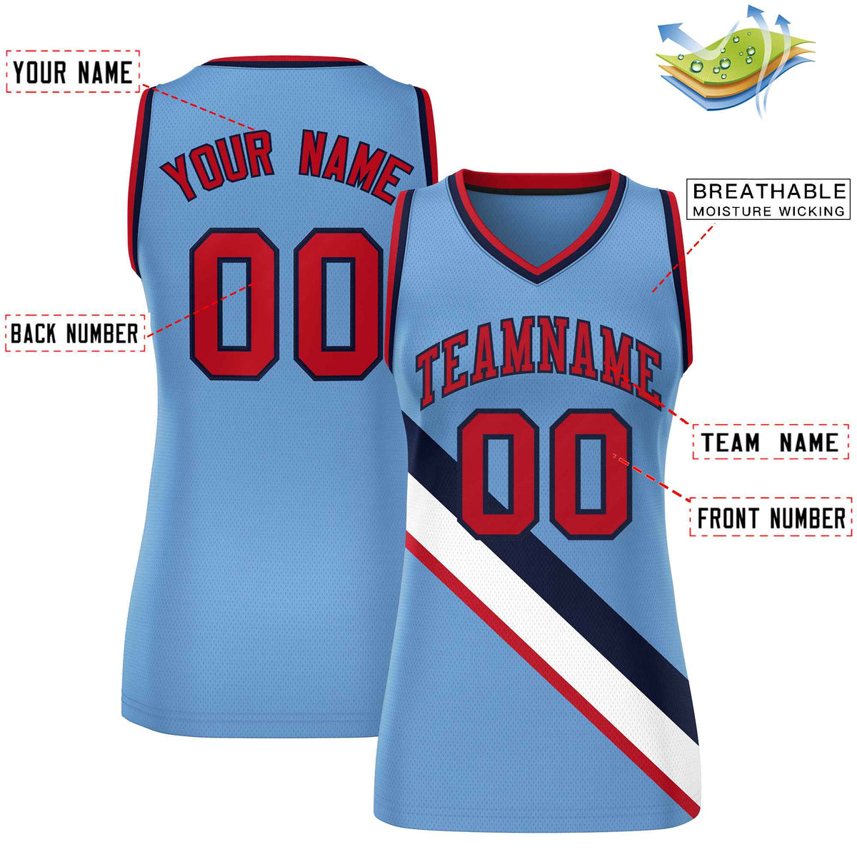 Custom Light Blue Navy-Red Thick Slash Fashion Tops Mesh Netball Dress For Women
