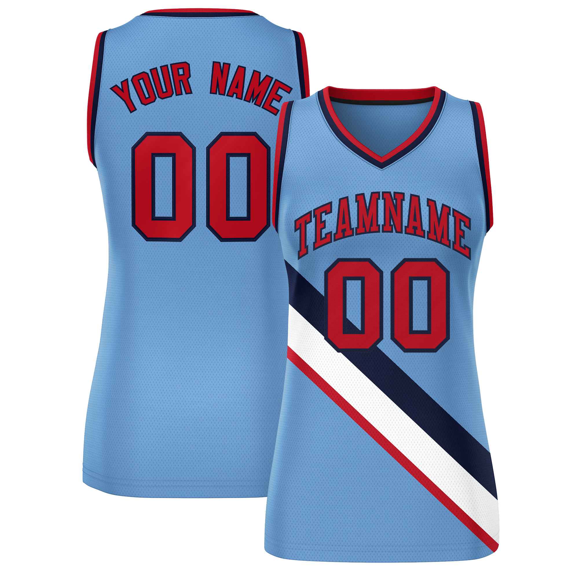 Custom Light Blue Navy-Red Thick Slash Fashion Tops Mesh Netball Dress For Women