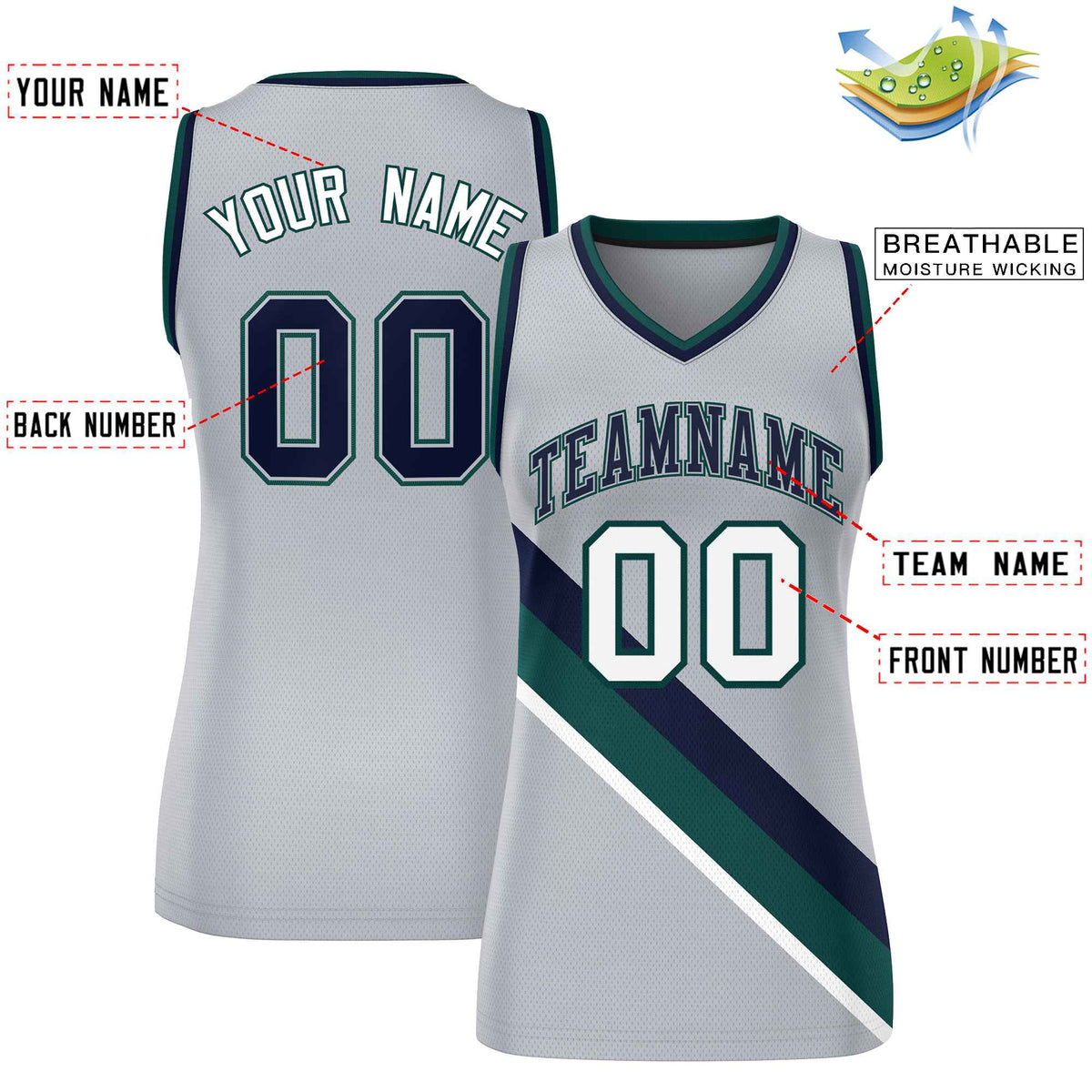 Custom Light Gray Navy-Midnight Green Thick Slash Fashion Tops Mesh Netball Dress For Women