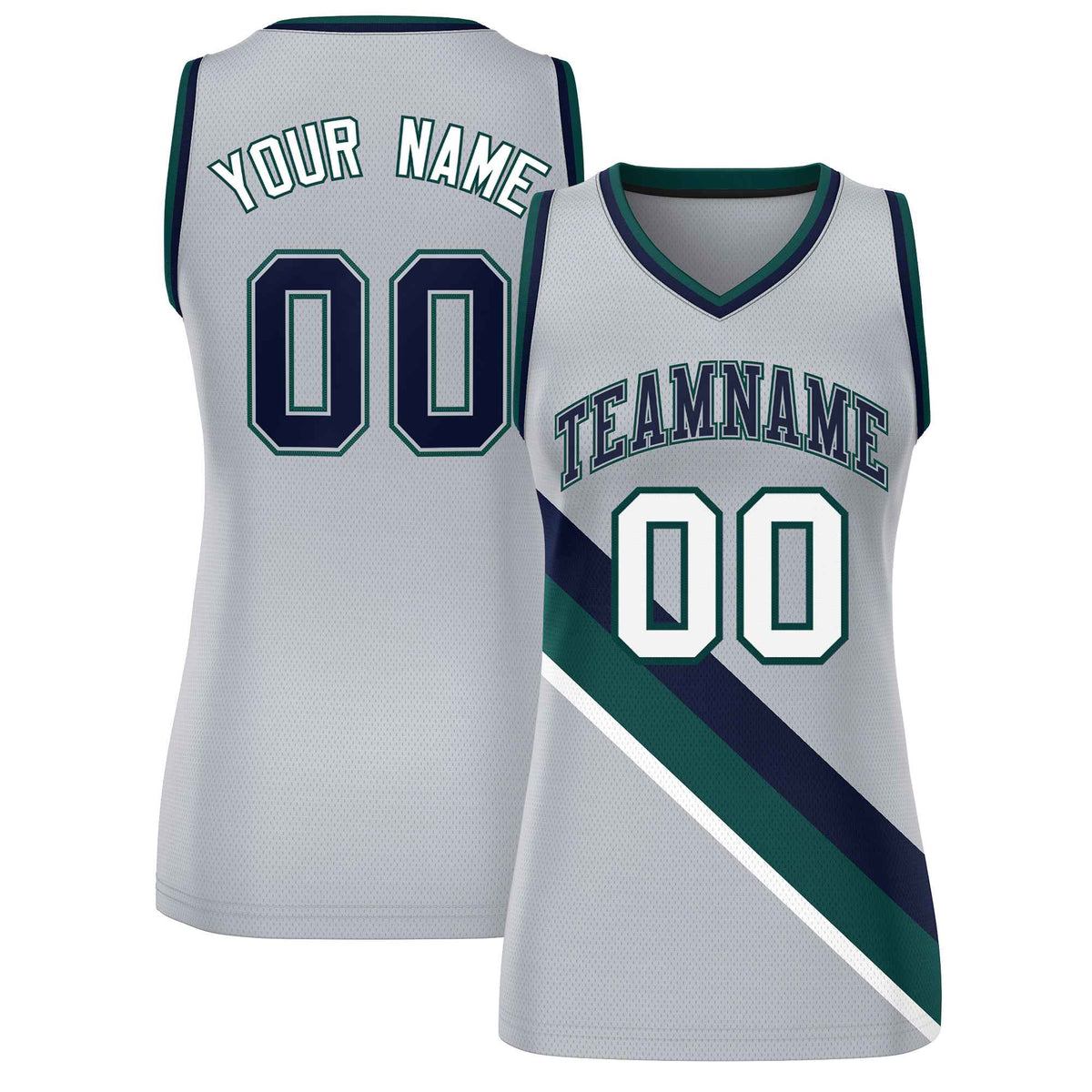 Custom Light Gray Navy-Midnight Green Thick Slash Fashion Tops Mesh Netball Dress For Women