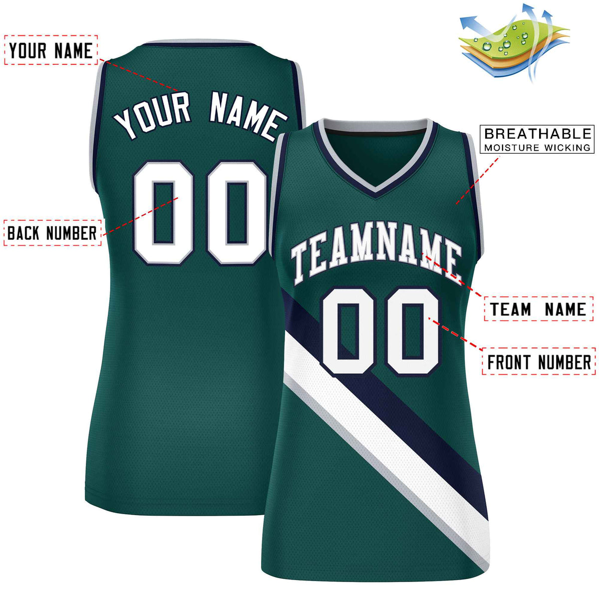 Custom Midnight Green Navy-Midnight Green Thick Slash Fashion Tops Mesh Netball Dress For Women