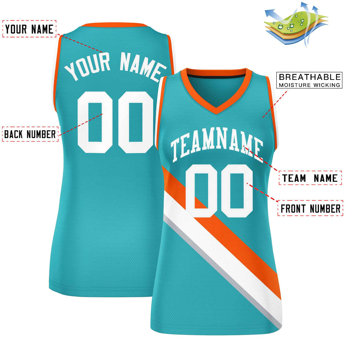 Custom Aqua Orange-White Thick Slash Fashion Tops Mesh Netball Dress For Women