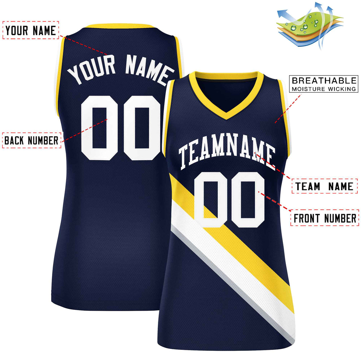 Custom Navy Gold-White Thick Slash Fashion Tops Mesh Netball Dress For Women