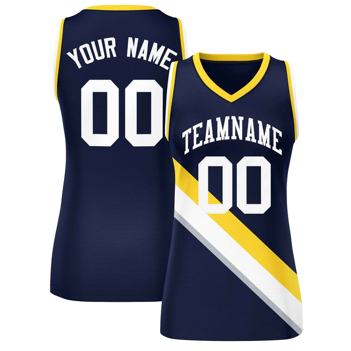 Custom Navy Gold-White Thick Slash Fashion Tops Mesh Netball Dress For Women